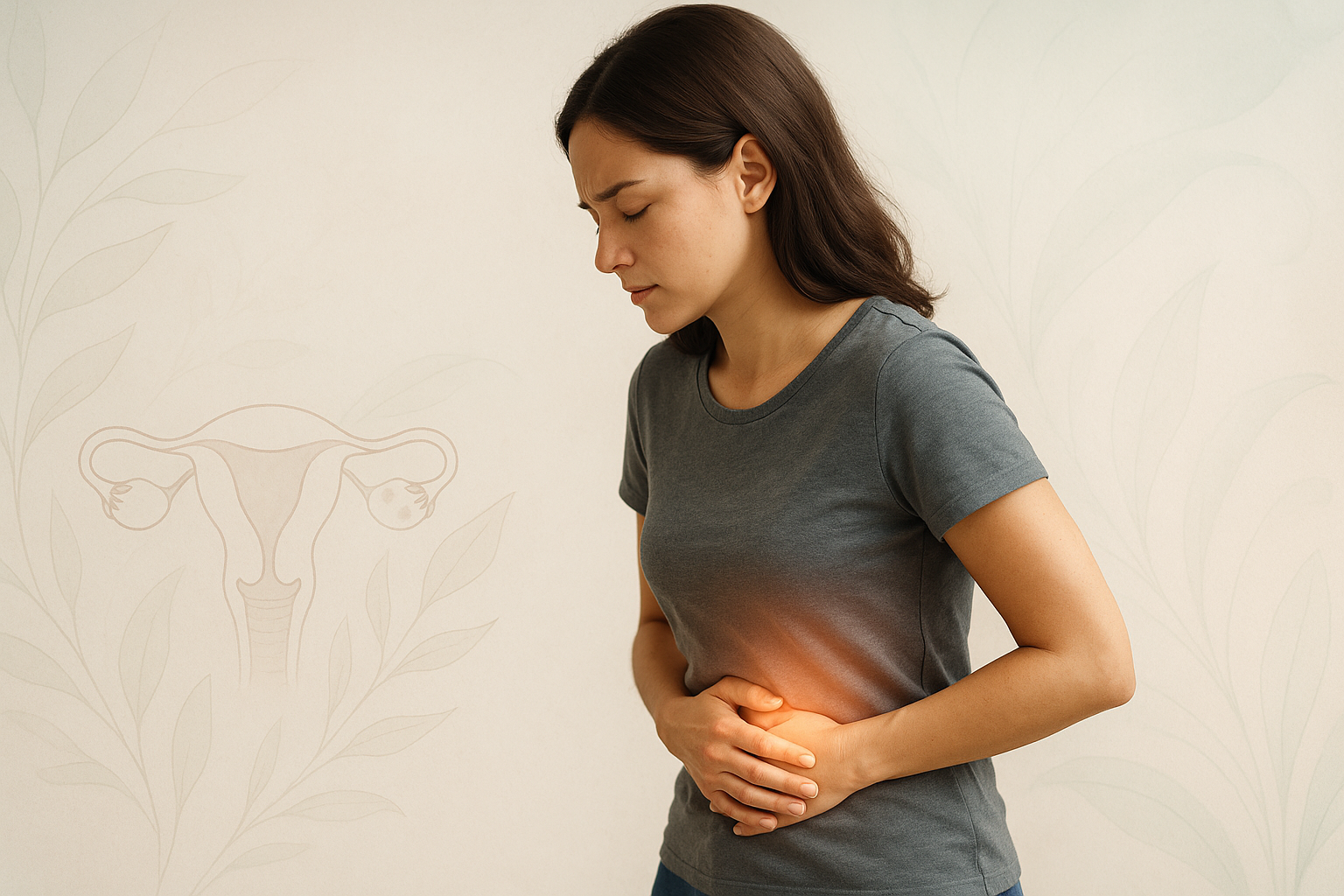 Mulher com dor abdominal segurando a região pélvica, ilustração para artigo sobre endometriose.