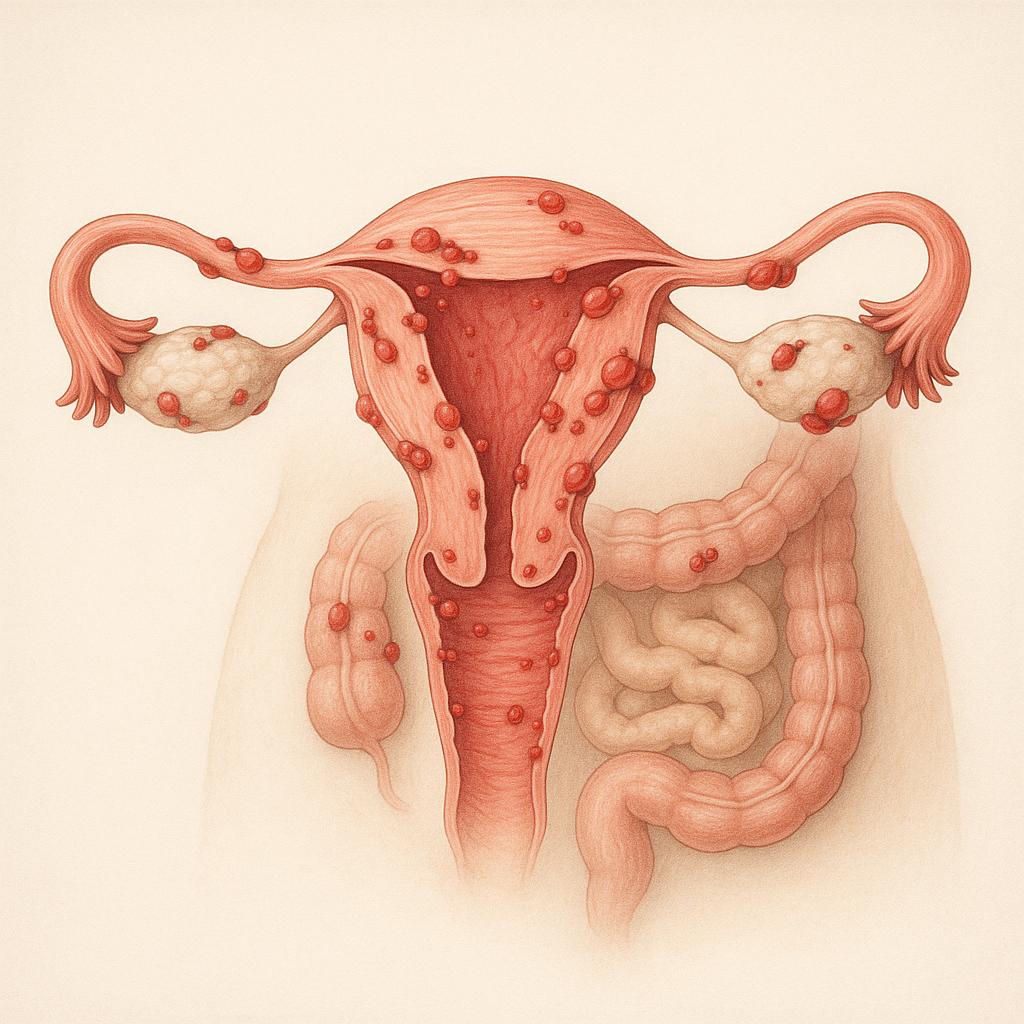 Ilustração realista de endometriose mostrando útero e orgãos afetados, para artigo sobre sintomas e diagnóstico precoce